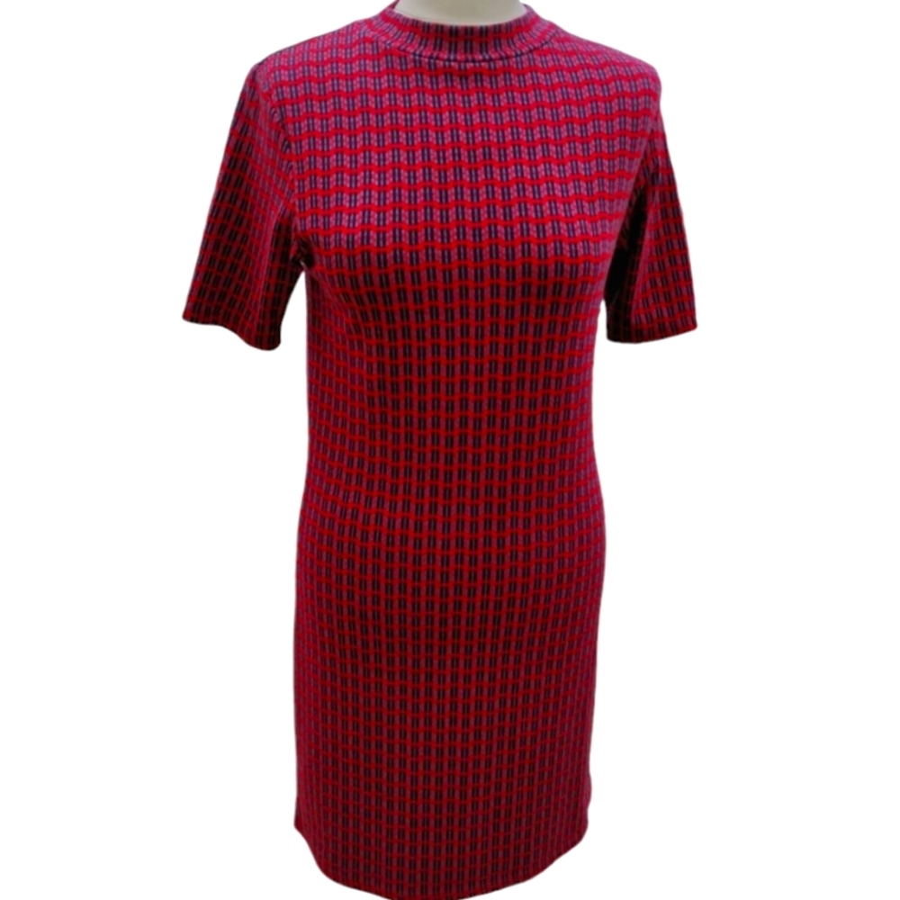 NEW* Topshop Dress Red Black Blue Geometric Mini Size 12, Stretchy Office Winter